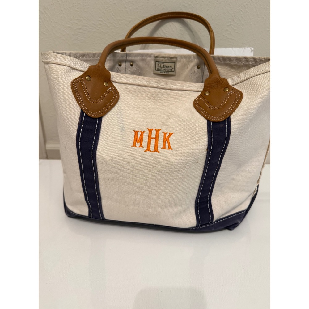LL Bean Boat and Tote Canvas Bag Navy Blue Cream Leather Handles Monogram MHK